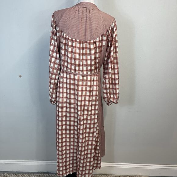 Polagram Dress size Medium Brown Ivory Plaid Midi Prairie Peasant Modest Church - Picture 8 of 9